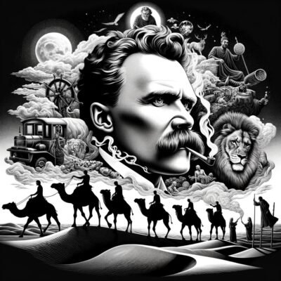 Portrait of the philosopher Friedrich Nietzsche and a caravan of camels