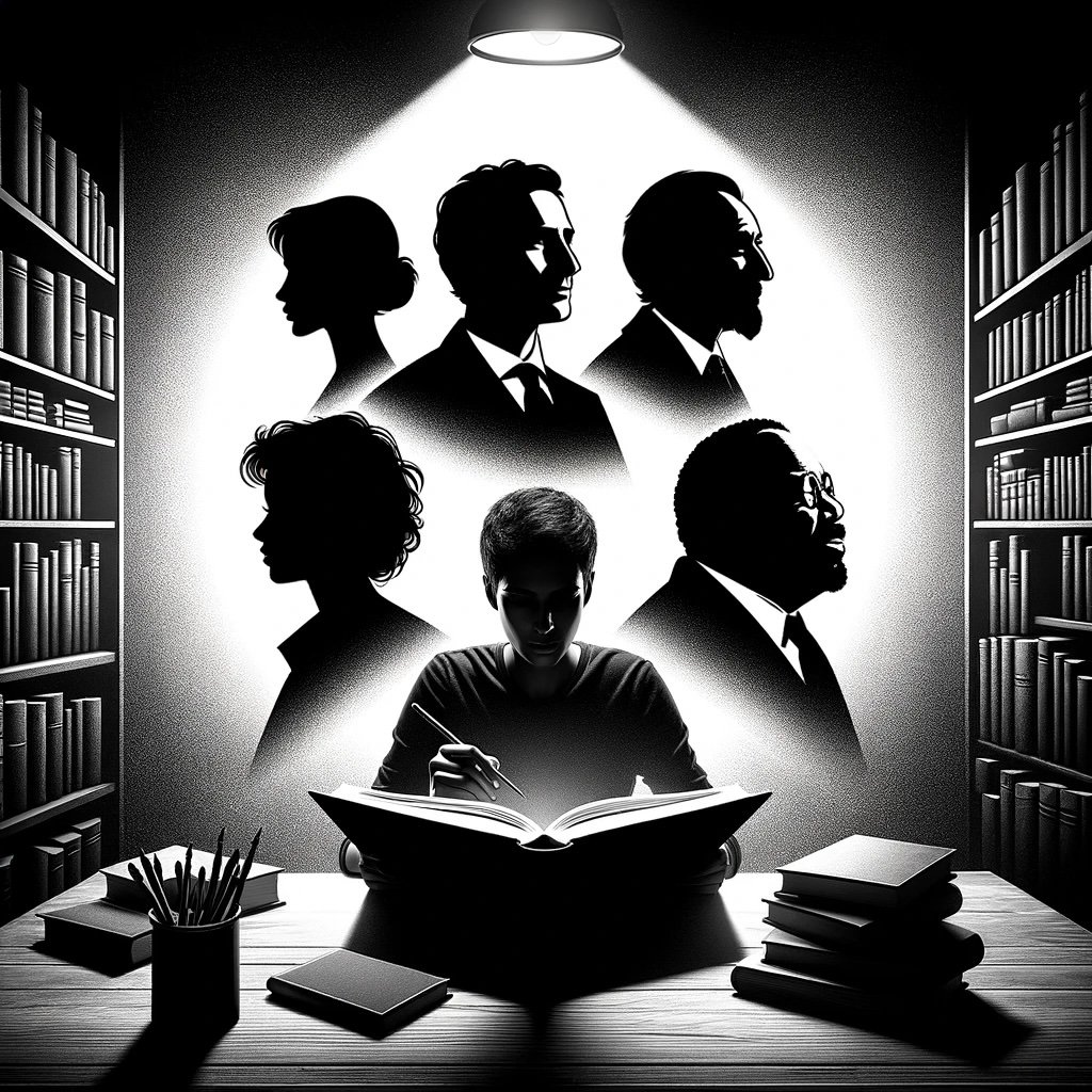 A black and white picture of a reader with five authors around him.