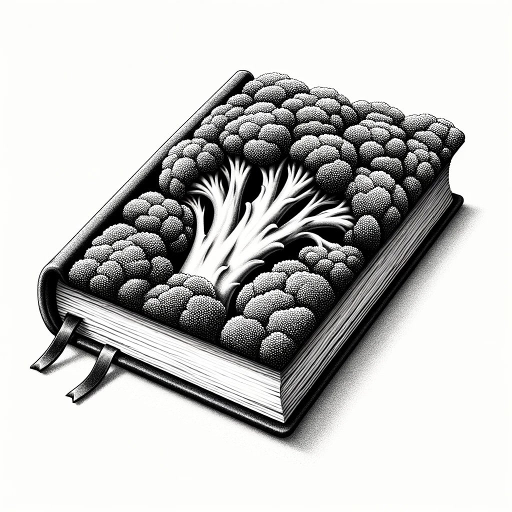 A black and white picture of a book made out of broccoli