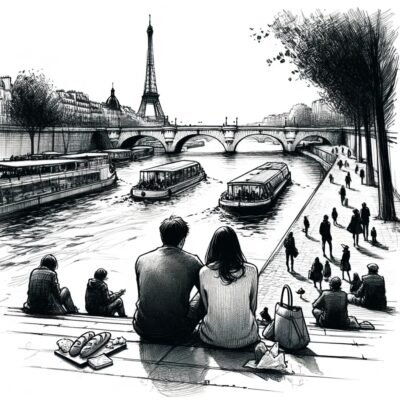 A man and woman sitting on the bank of the Seine river in Paris
