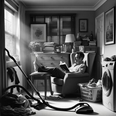 A man sitting down and reading a book in a dirty room