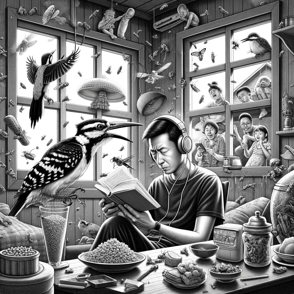 A picture of a man reading a book in a loud, distracted setting with birds, lids, and noise.