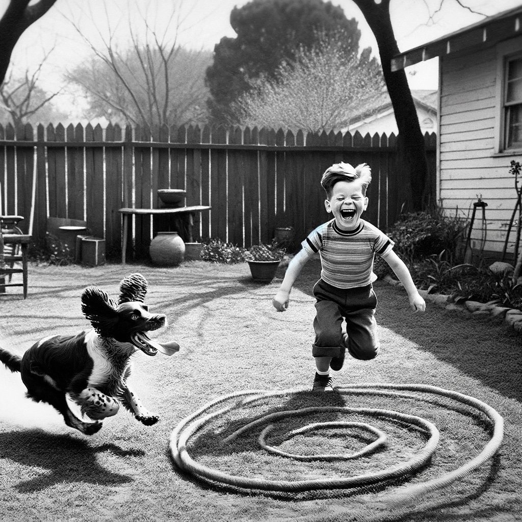 A black and white image of a boy laughing at his dog while it chases its tail