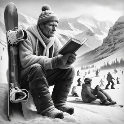 A man reading a book on a ski slope.