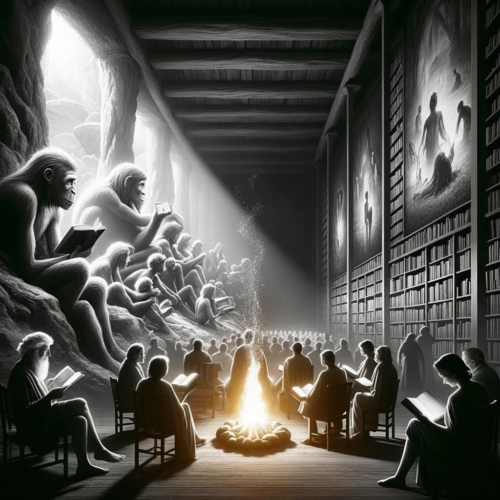 A black and white image of people throughout history reading books
