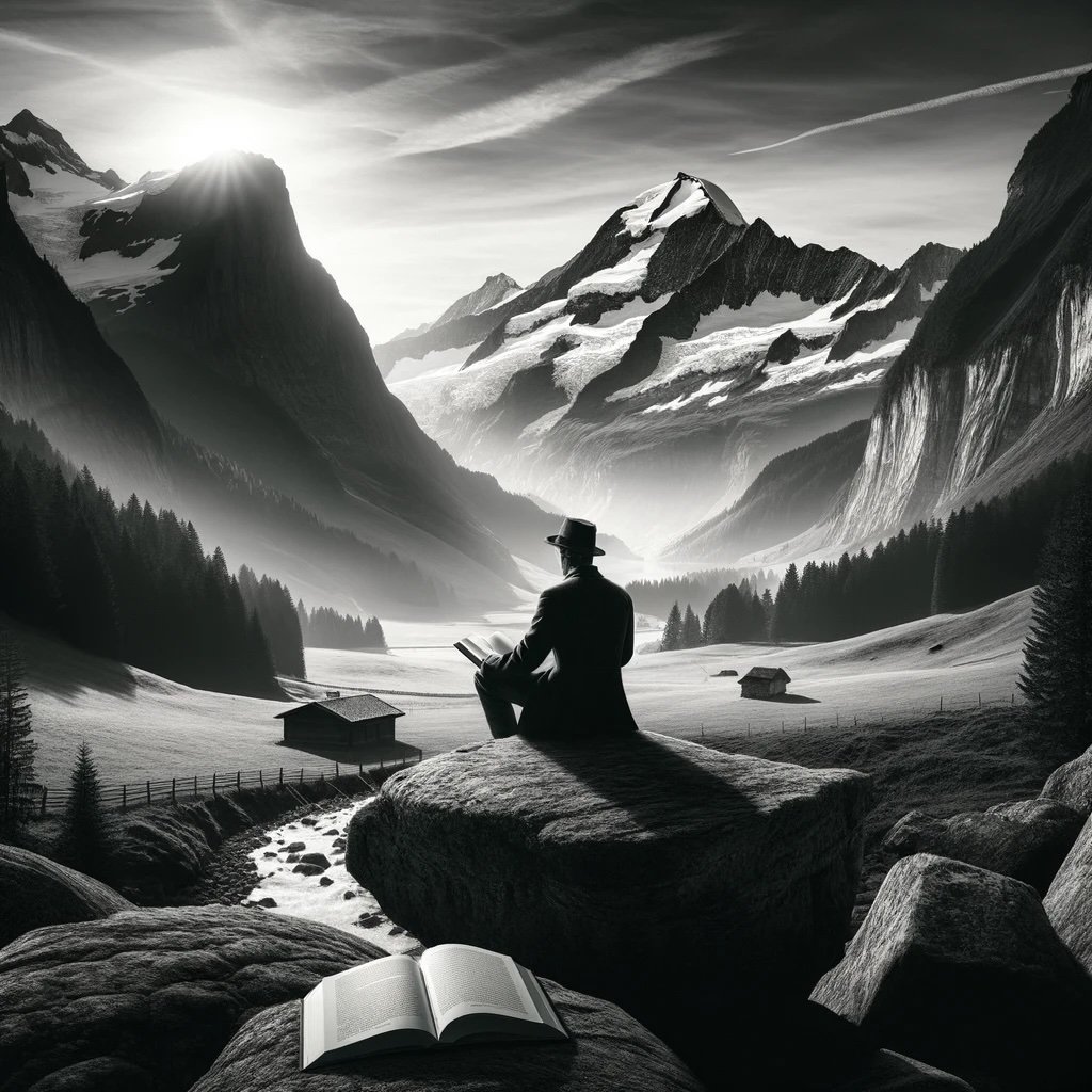 A picture of a man reading books in the mountains