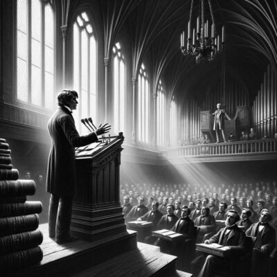 Ralph Waldo Emerson delivering The American Scholar address to Harvard