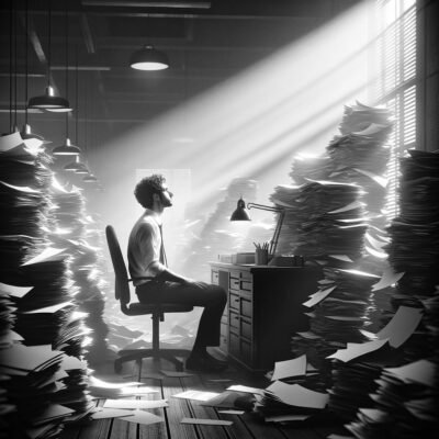 A man sitting at a desk surrounded by a lot of paperwork