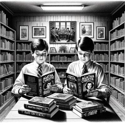 Two boys in a library reading Agatha Christie books