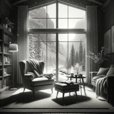 A reading room with a large window that opens to a snowy landscape