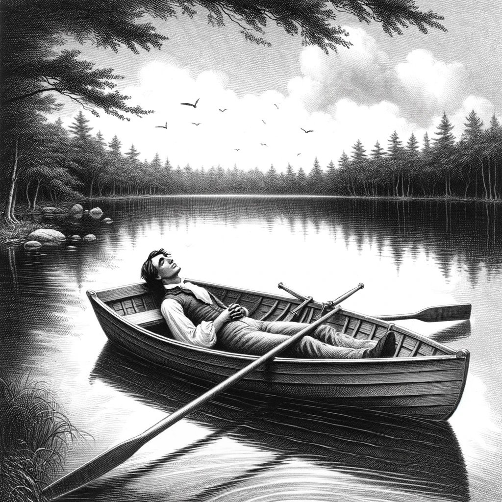 Henry David Thoreau lying in a boat.