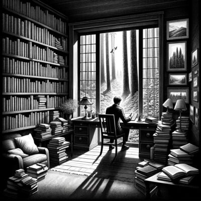A man studying in a library with an open window to the forest