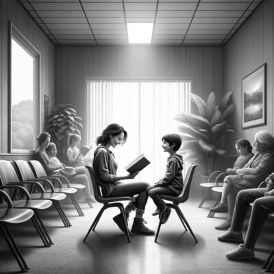 A mother reading a book to her son in a waiting room