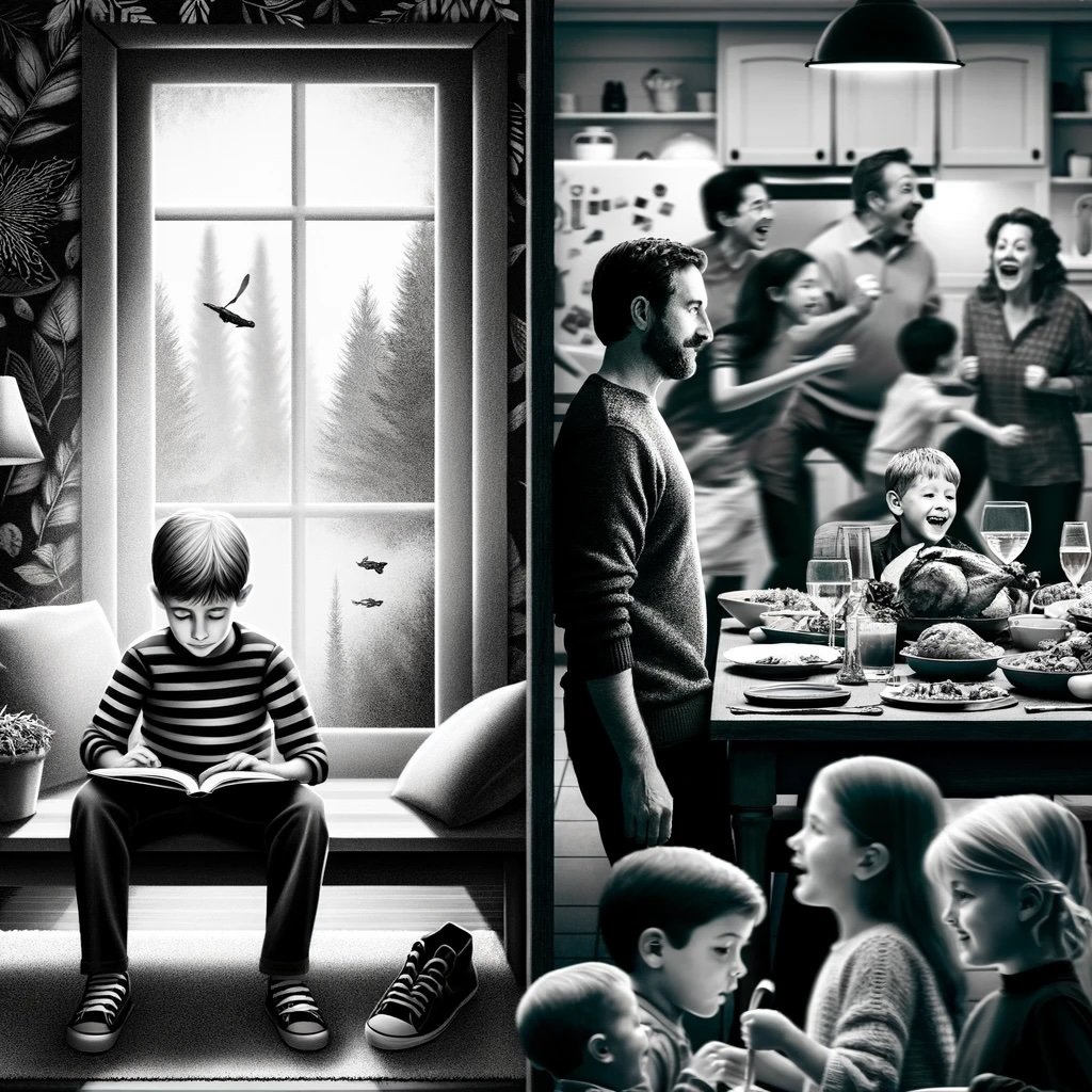 Two scenes: a boy reading a book in a quiet space and then a man at a busy family dinner.