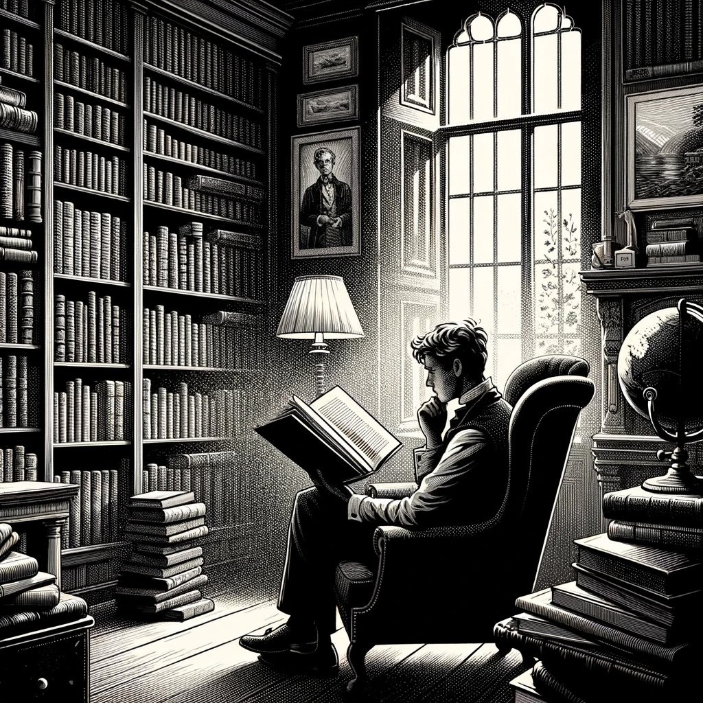 A young man sitting in an armchair reading books in a library