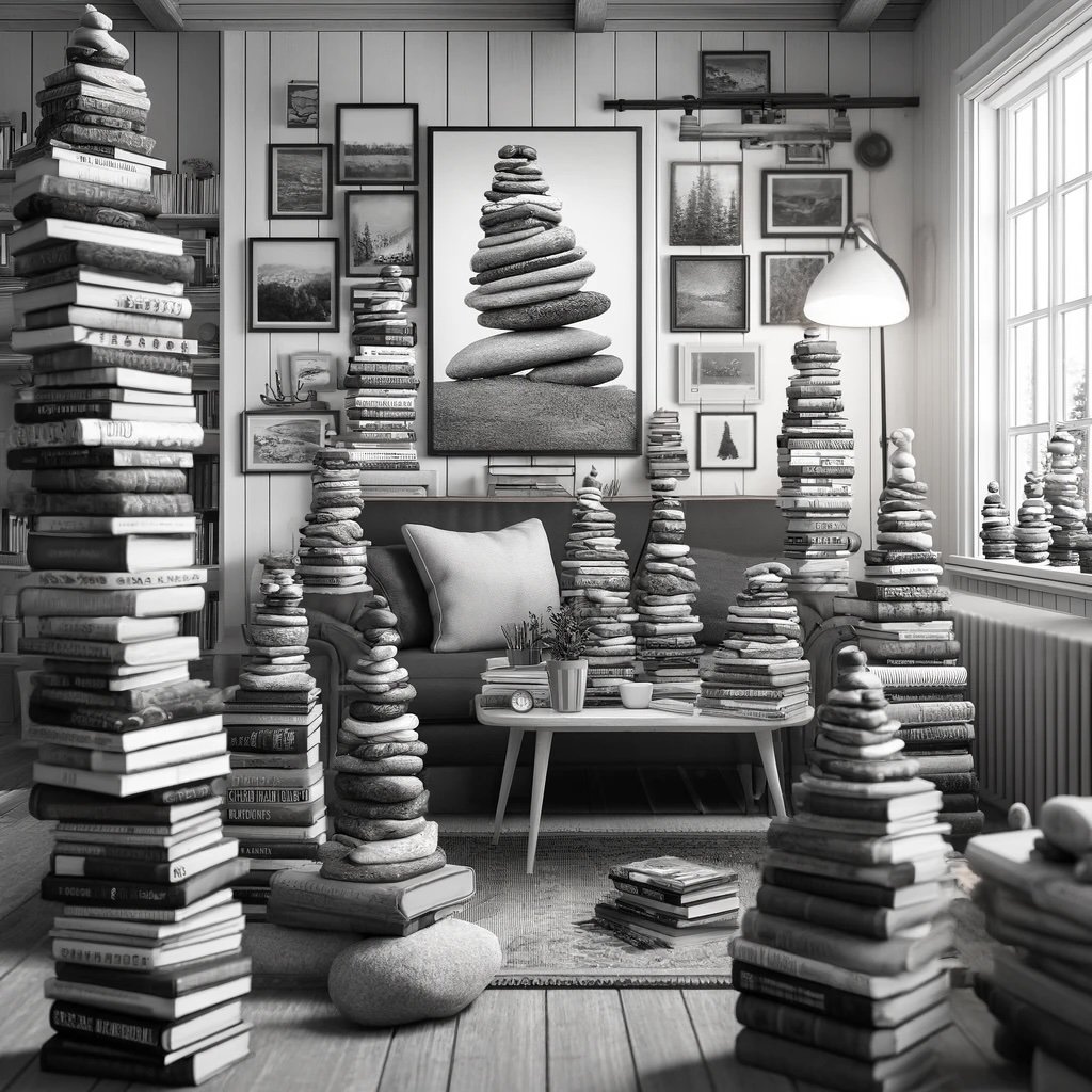 Stacks of books that look like cairns