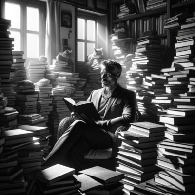 A man surrounded by hundreds of books