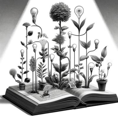A book with plants and lightbulbs growing out of it