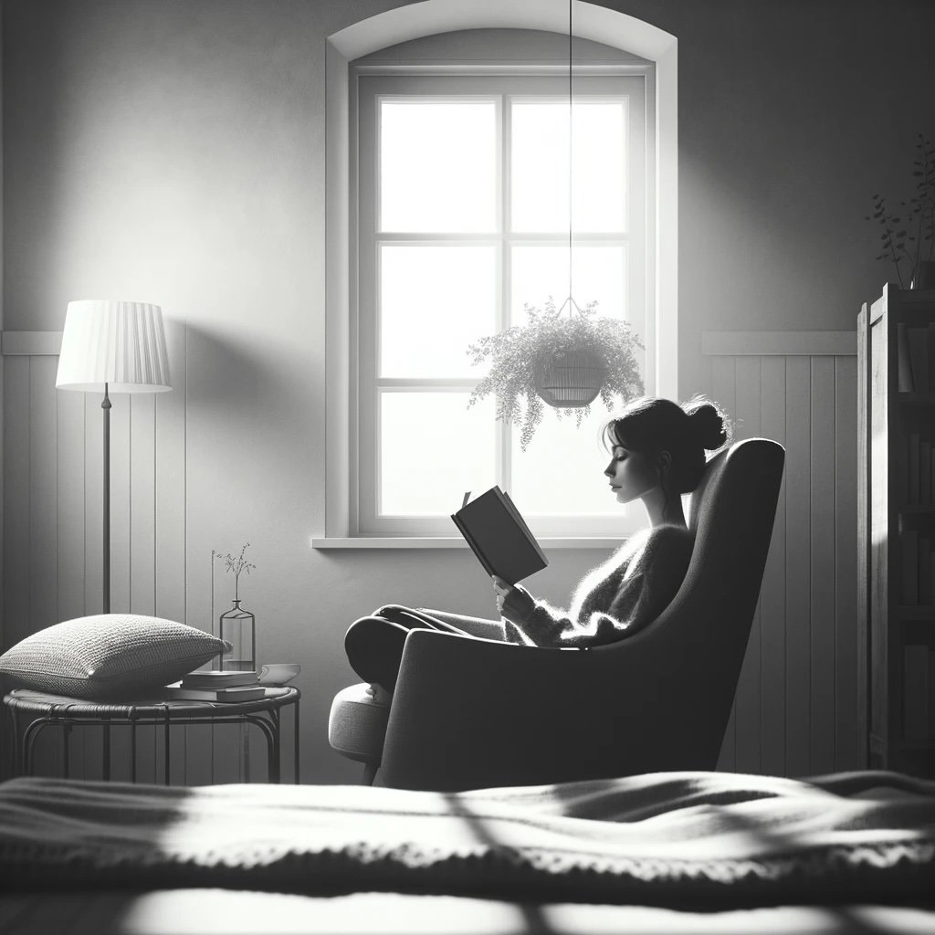 A woman reading in a chair by a window