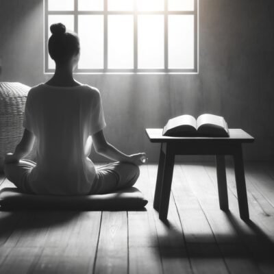 A woman meditating by a book