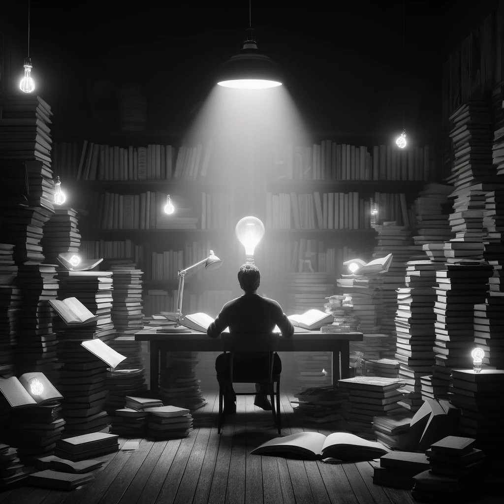 A picture of a man surrounded by many books with a light bulb over his head.