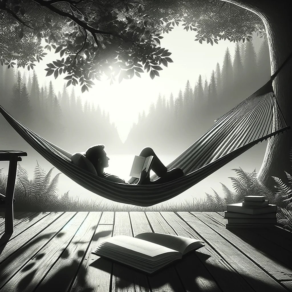 A man in a hammock reading a book