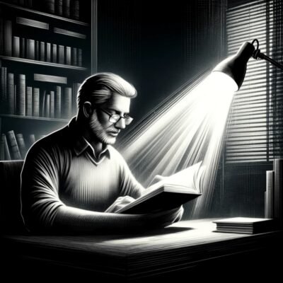 A man reading a book under a desk lamp
