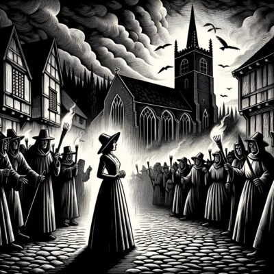 Image depicting the witch trials where a woman is surrounded by villagers