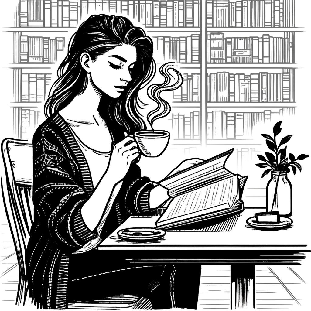 A woman drinking coffee and reading a book in a library
