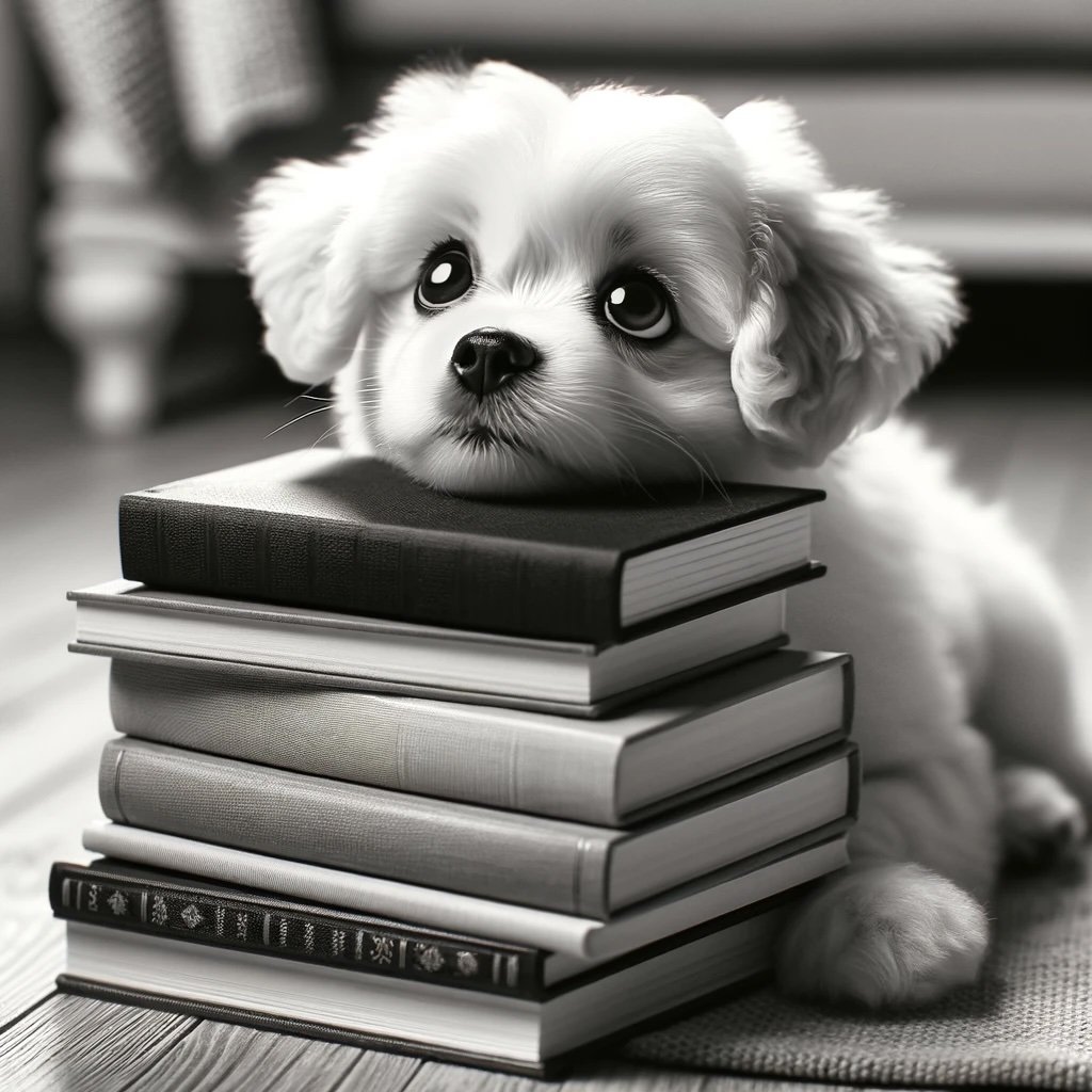 A dog resting it's head on a stack of books