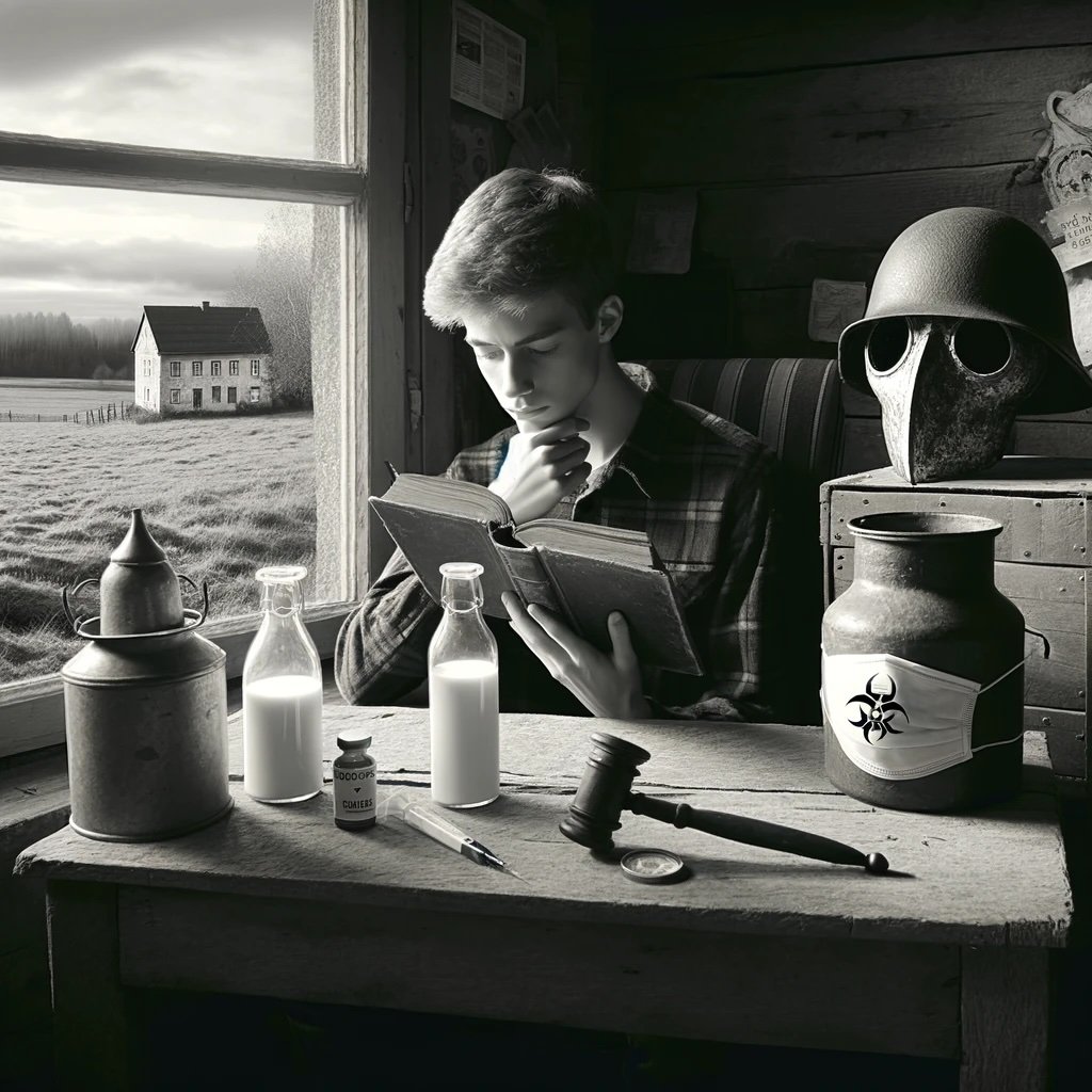 A young man reading a book surrounded by historically significant objects