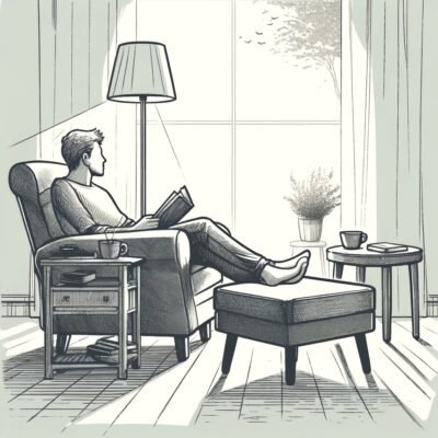 A man sitting on a chair reading a book