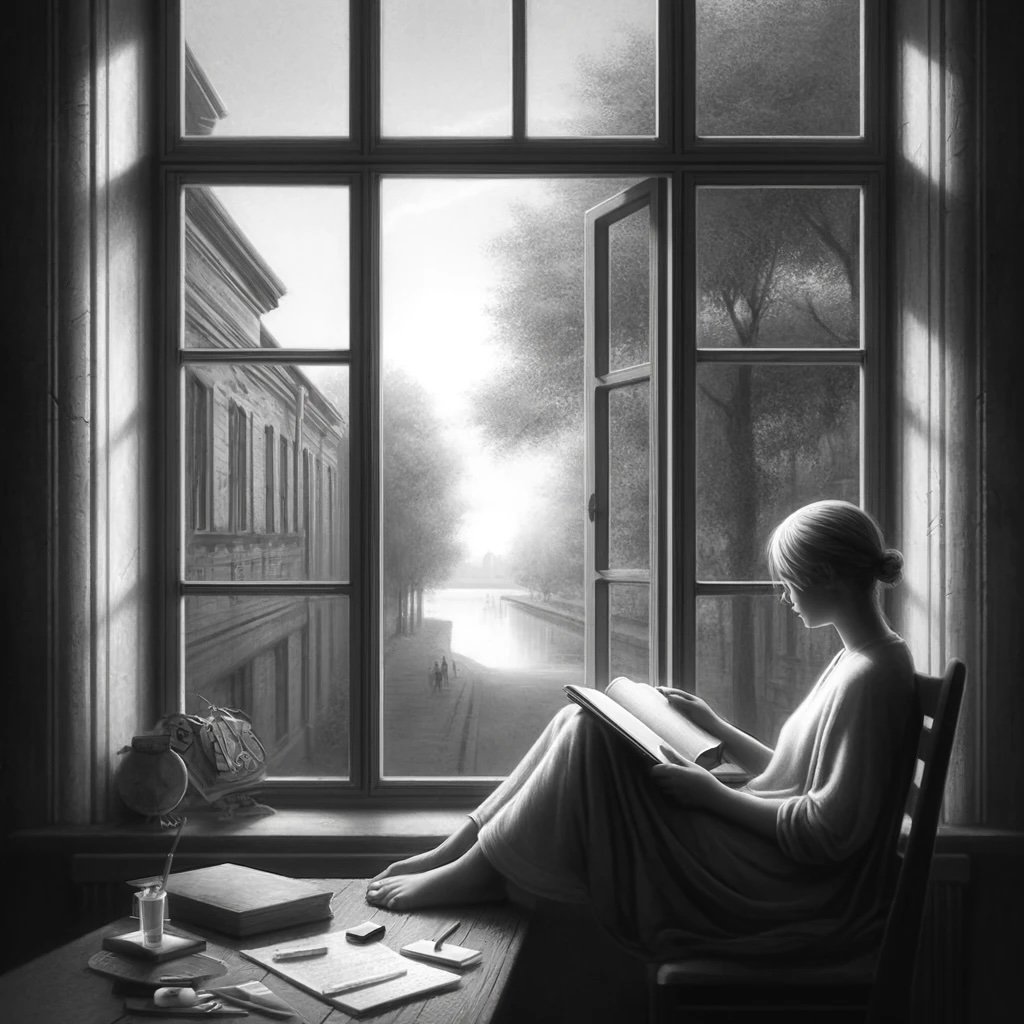 A woman reading at a window