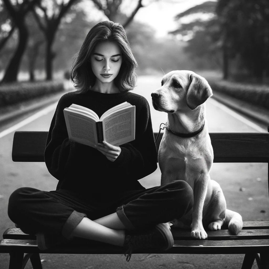 A woman reading next to her dog