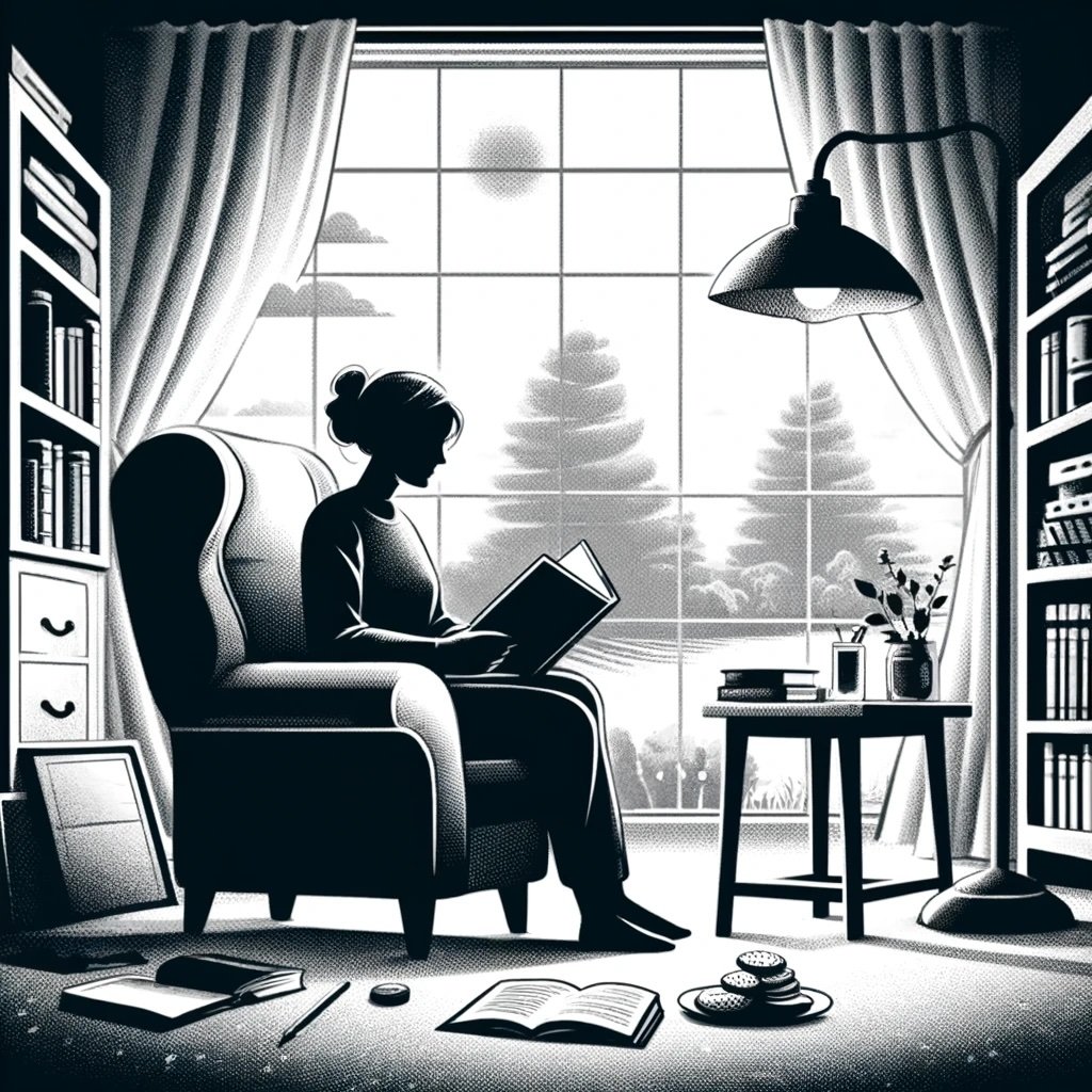 A woman reading a book in a chair