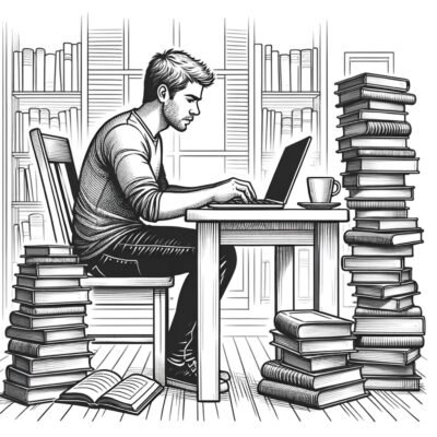 A man at a desk writing on a laptop surrounded by books.
