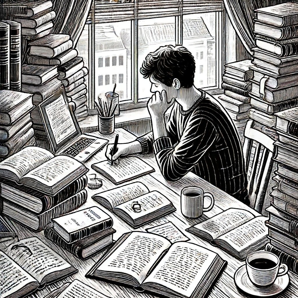 A picture of a young mat at a desk, taking notes, surrounded by many books.