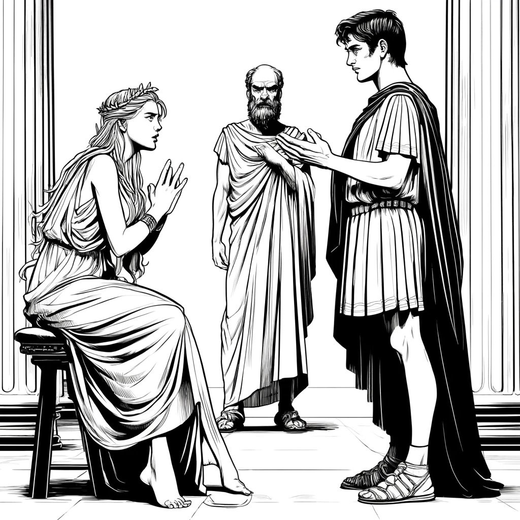 Antigone pleads with Creon in Spohocles play title Antigone.