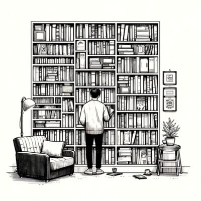 A young man standing at his bookshelf