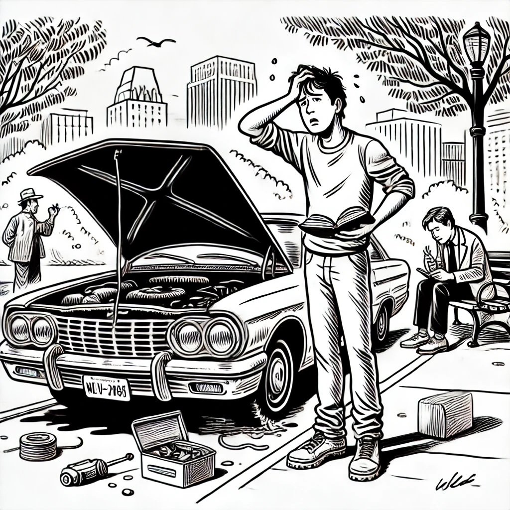 A young man next to a car that is broken down