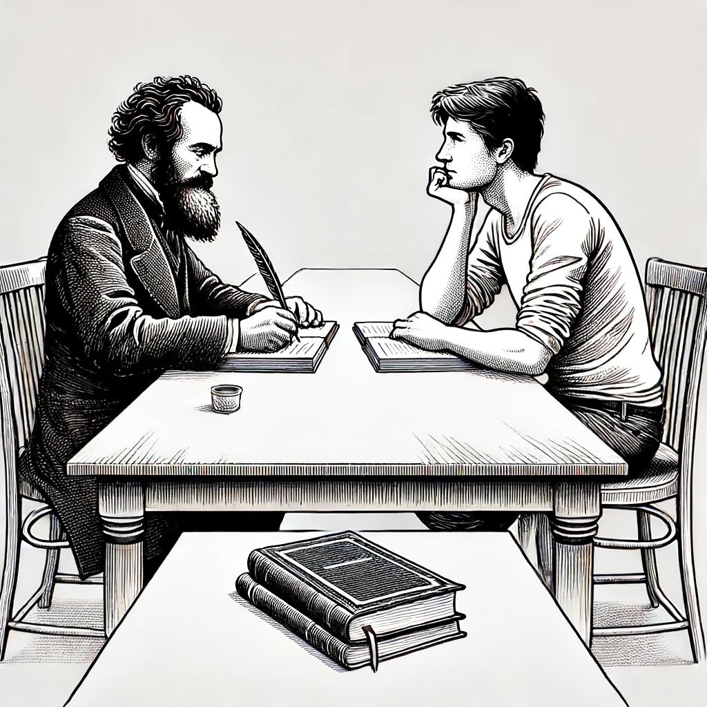 Two men sitting at a table reading books