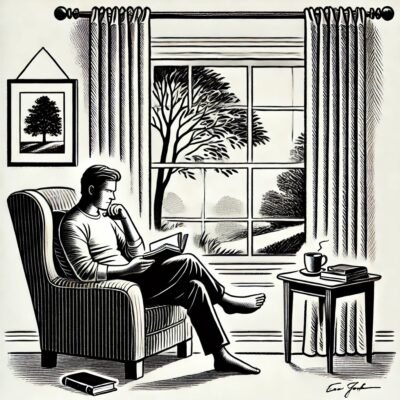 A man reading a book by a window