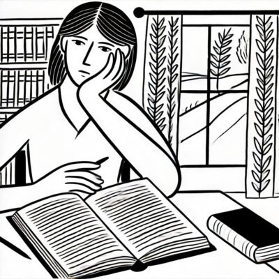 An image of a woman thinking in a library with a book in front of her.