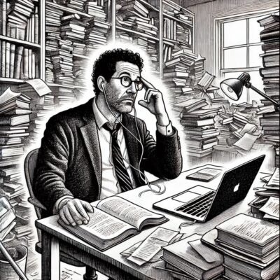 A man reading a book and listening to a podcast who is surrounded by mountains of books.