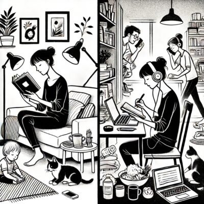 Two different images of the same woman reading, one in a quiet home and one in a loud home.