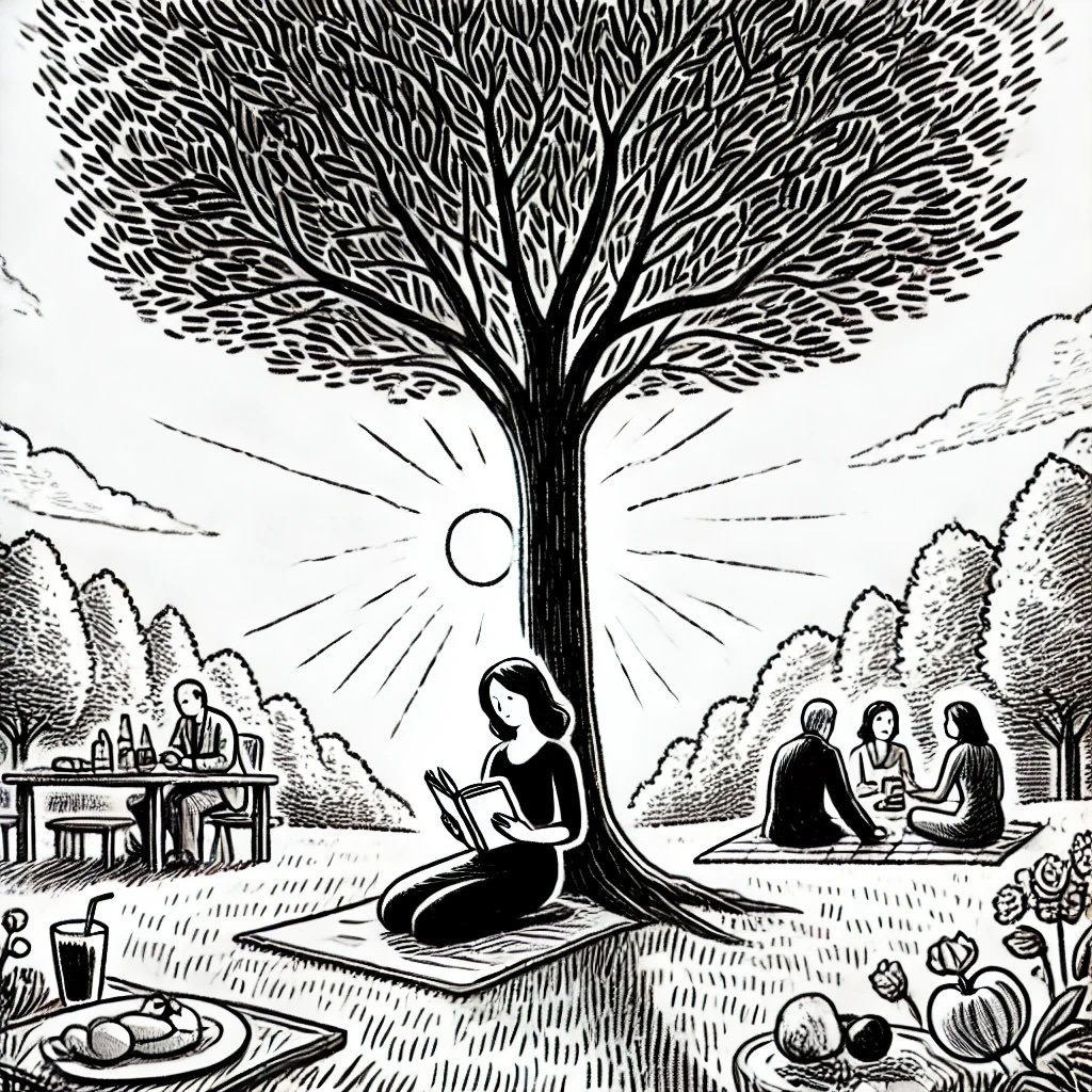 A woman sitting under a tree reading a book