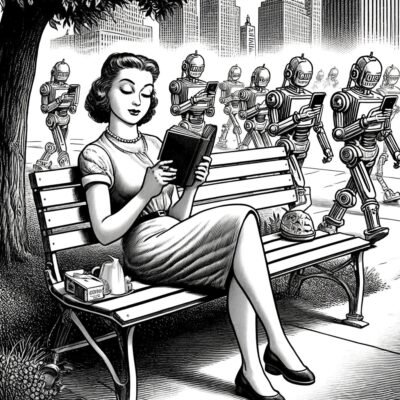 A woman reading book on a park bench while robots walk behind her looking at cell phones.