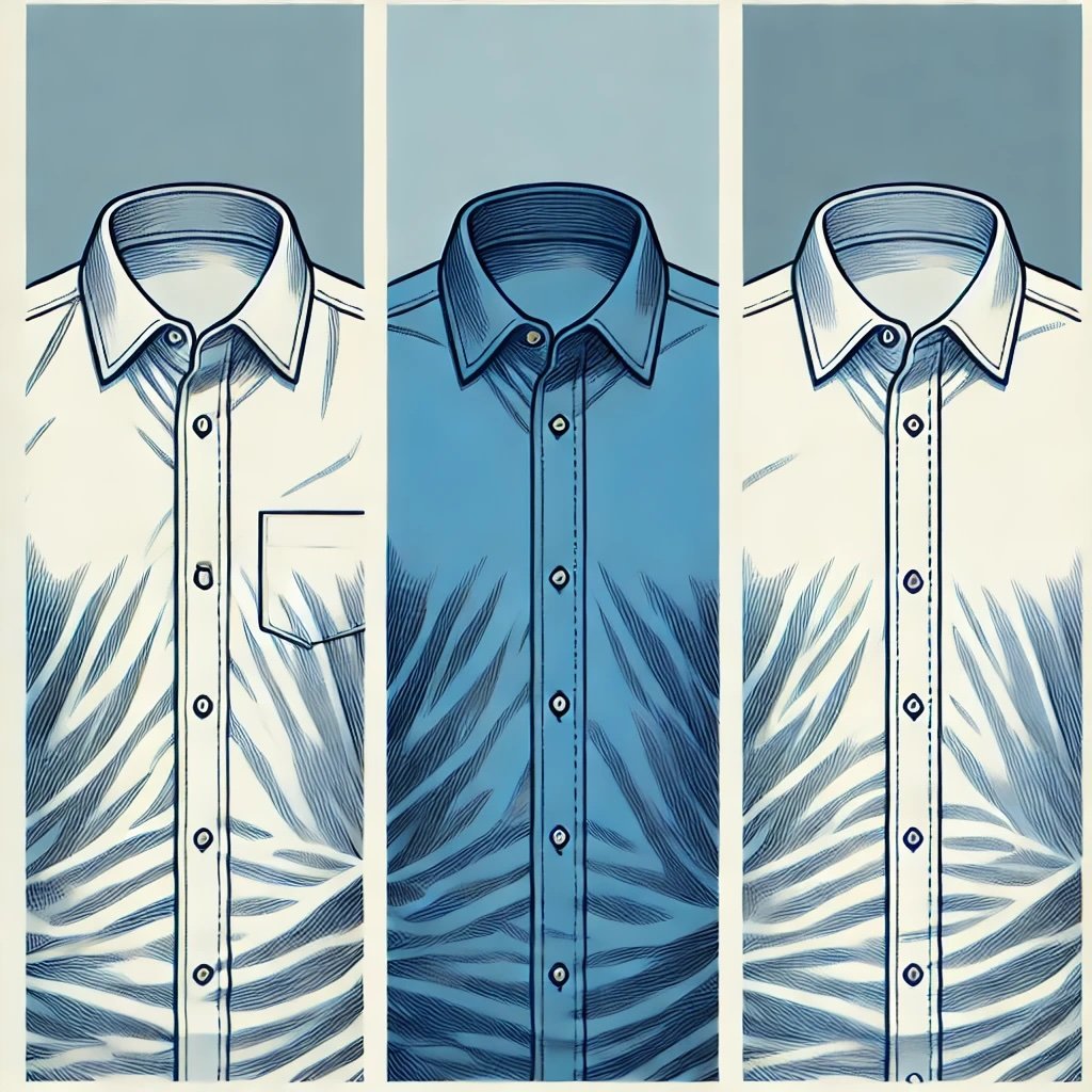 An image of three dress shirts, two of them white, and one of them is colored blue.