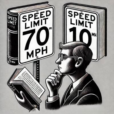 A man reading a book with two speed limit signs behind him