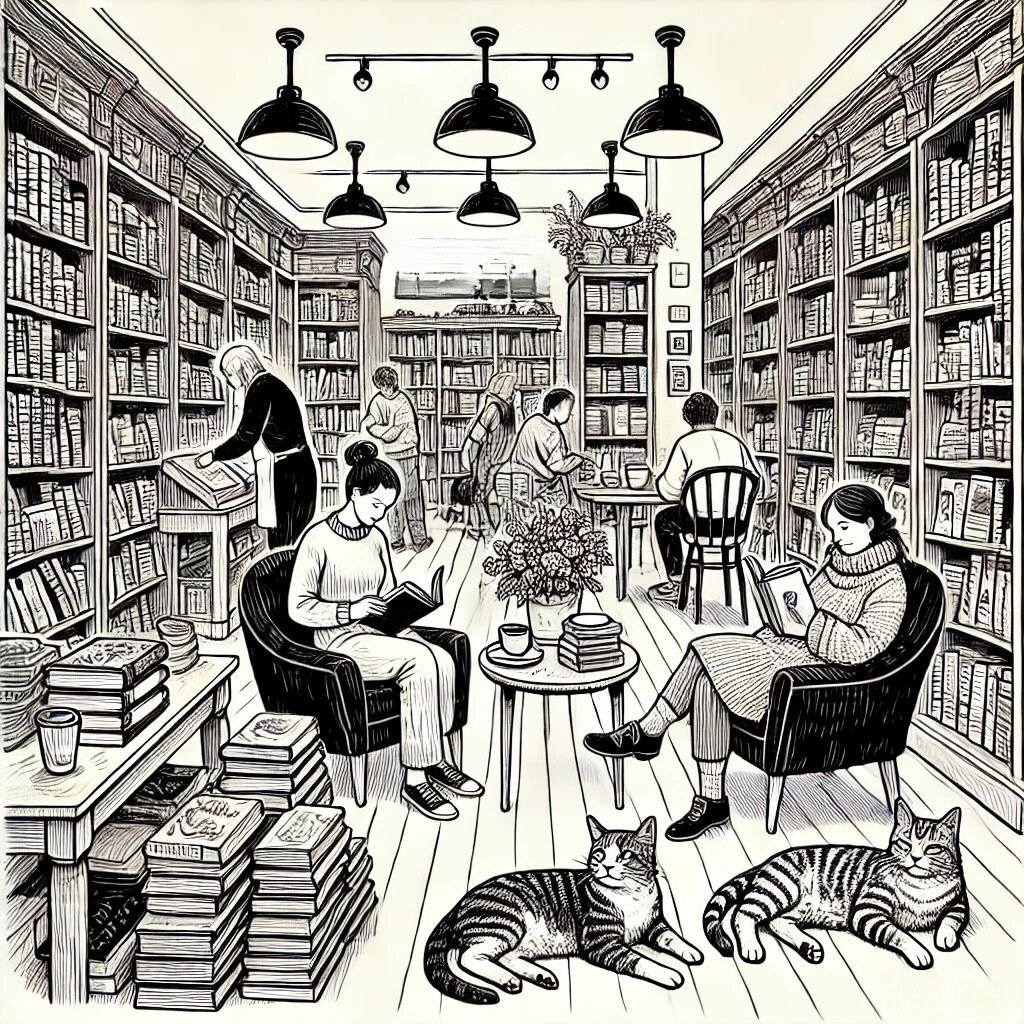 A bookstore with readers and cats